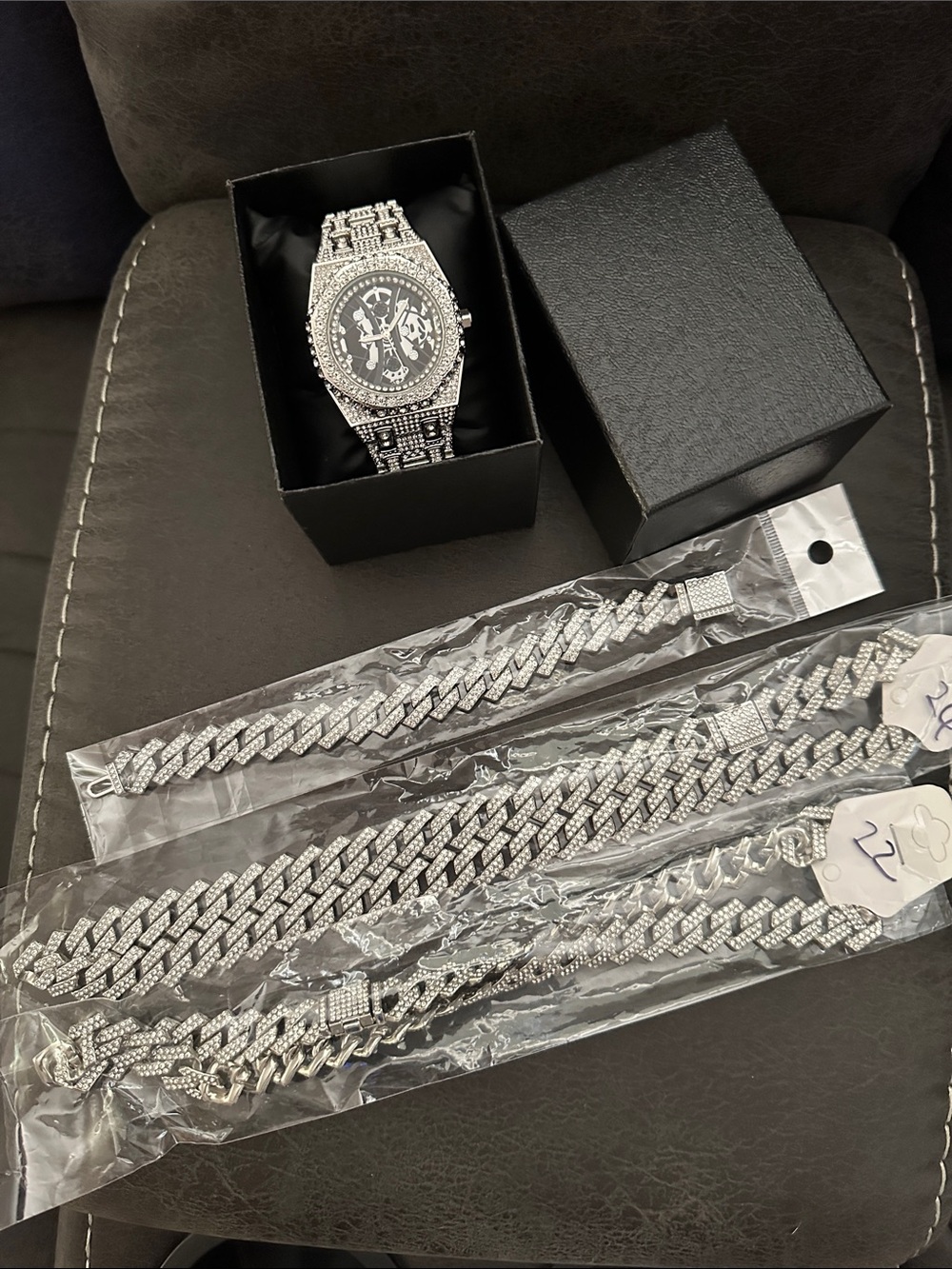 Iced out Watch 2 Cuban Chain+bracelet Set